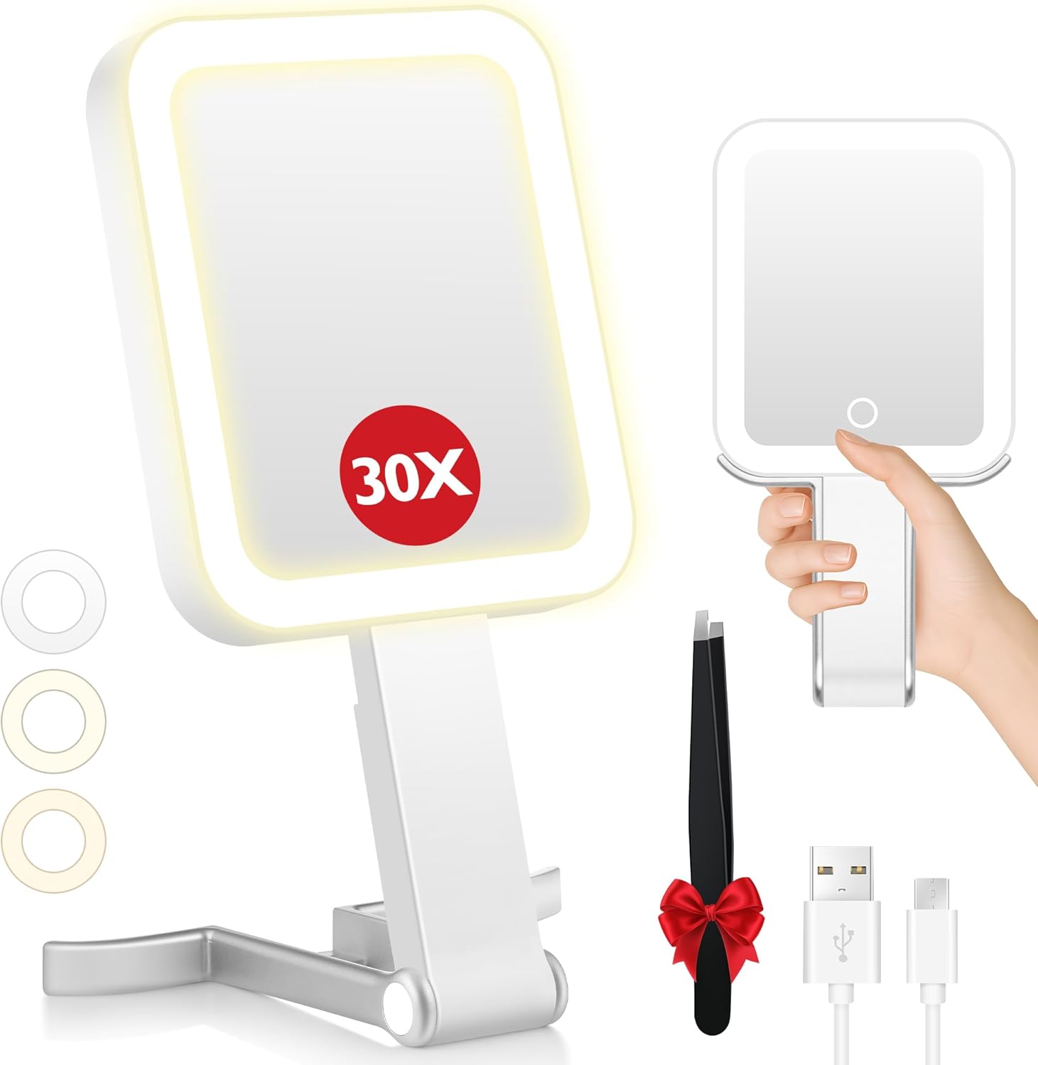 Travel Makeup Mirror with Lights, Double-Sided 1X/30X Magnifying Mirror, 3 Color Lighting & Dimmable Touch Screen, Foldable Handheld Mirror with Lights, Compact&Portable Travel