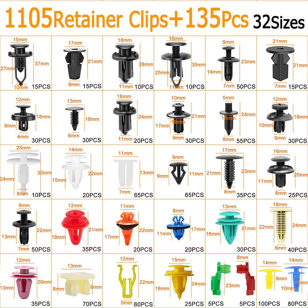 1240pcs Car Retainer Clips Kit – 32 Sizes with Cable Ties & Remover Tool