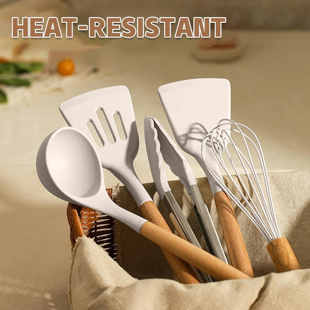 33-Piece Silicone Kitchen Utensil Set – Non-Stick Cooking Tools with Holder & Wooden Handles