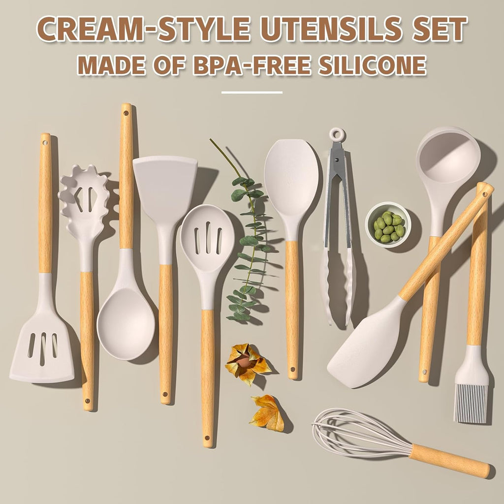 33-Piece Silicone Kitchen Utensil Set – Non-Stick Cooking Tools with Holder & Wooden Handles