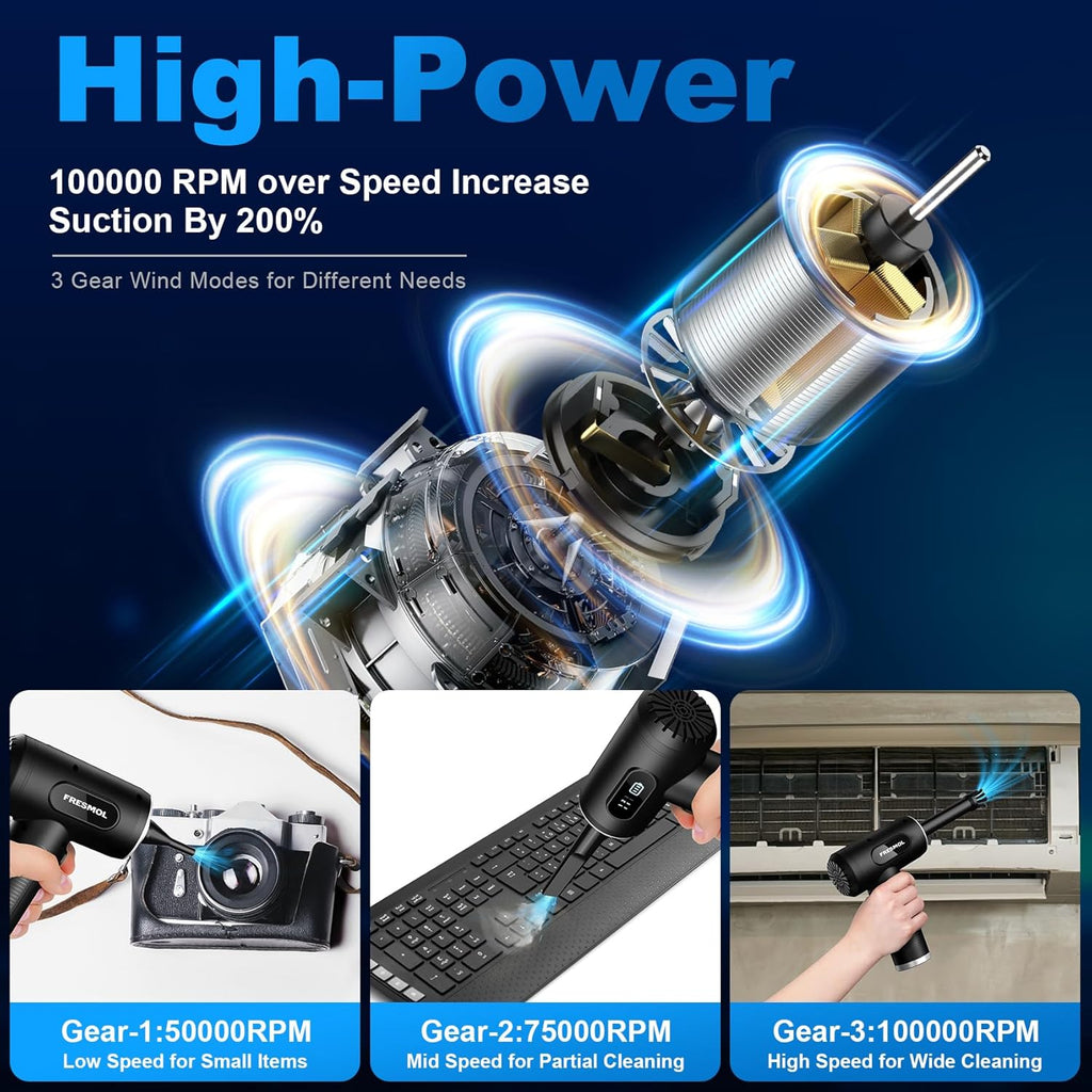 Electric Air Duster – 3-Speed, 100000RPM Cordless Blower with LED Light, Rechargeable for Cleaning Electronics