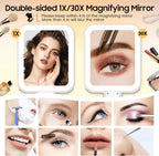 Travel Makeup Mirror with Lights, Double-Sided 1X/30X Magnifying Mirror, 3 Color Lighting & Dimmable Touch Screen, Foldable Handheld Mirror with Lights, Compact&Portable Travel