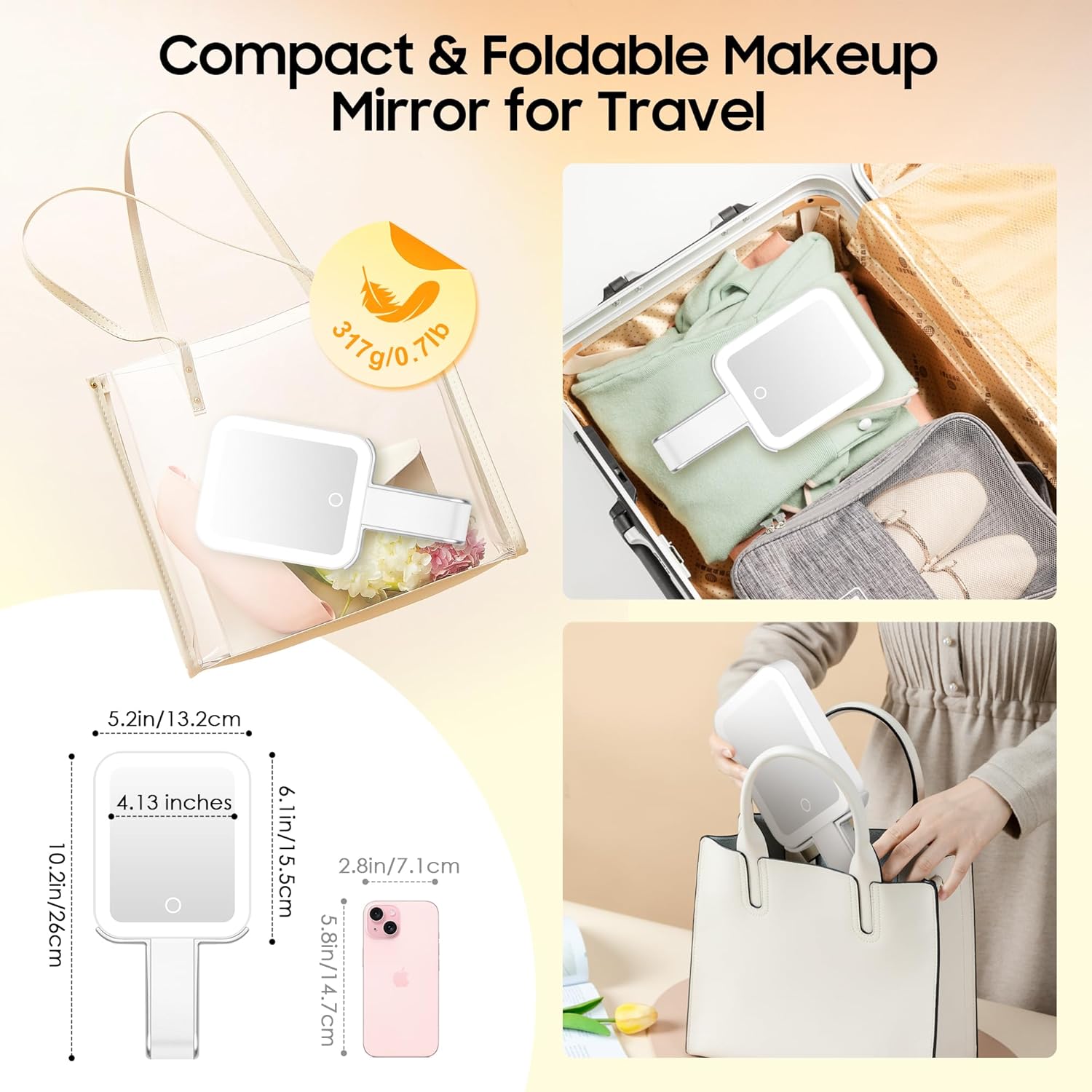 Travel Makeup Mirror with Lights, Double-Sided 1X/30X Magnifying Mirror, 3 Color Lighting & Dimmable Touch Screen, Foldable Handheld Mirror with Lights, Compact&Portable Travel