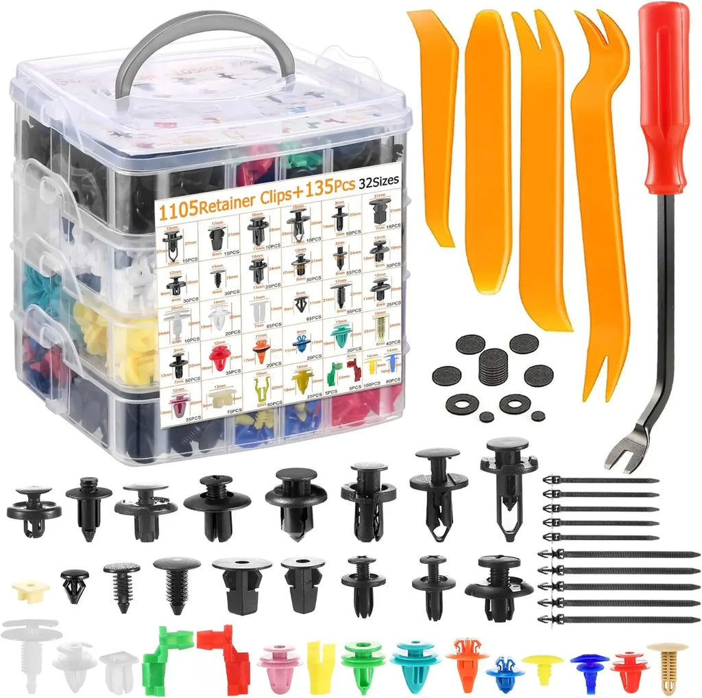 1240pcs Car Retainer Clips Kit – 32 Sizes with Cable Ties & Remover Tool